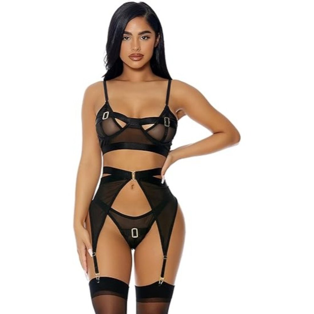 FORPLAY Kiss of Gold Mesh‎ Bra, Panty and Garter Belt 3-Piece Lingerie Set